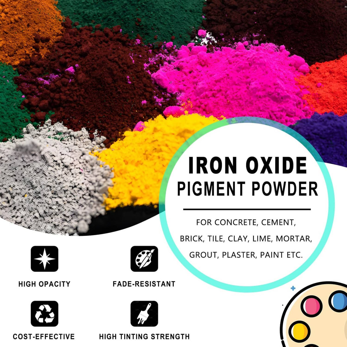 Iron oxide pigment powder piles in brown, green, magenta, and yellow hues
