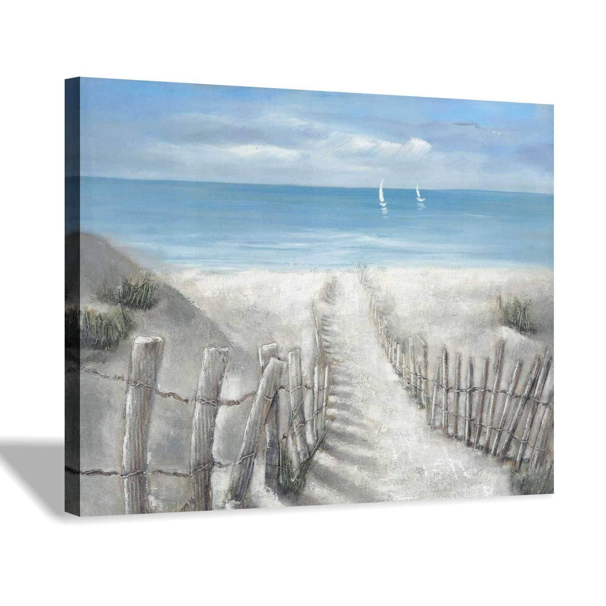 Coastal ocean canvas print with sandy path, fences, and sailboats over calm blue water