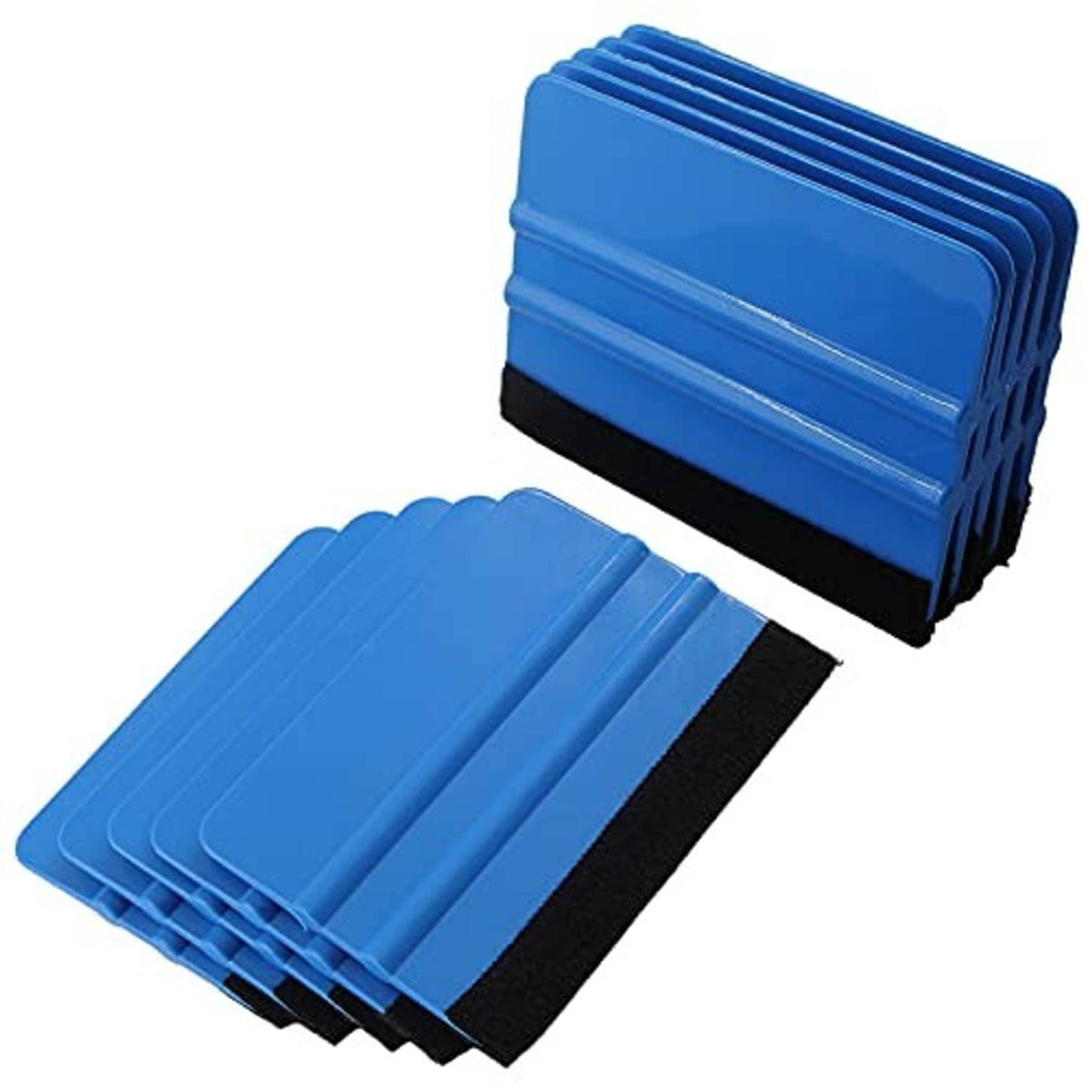 Multiple blue felt-edge squeegees with black felt edges, stacked set