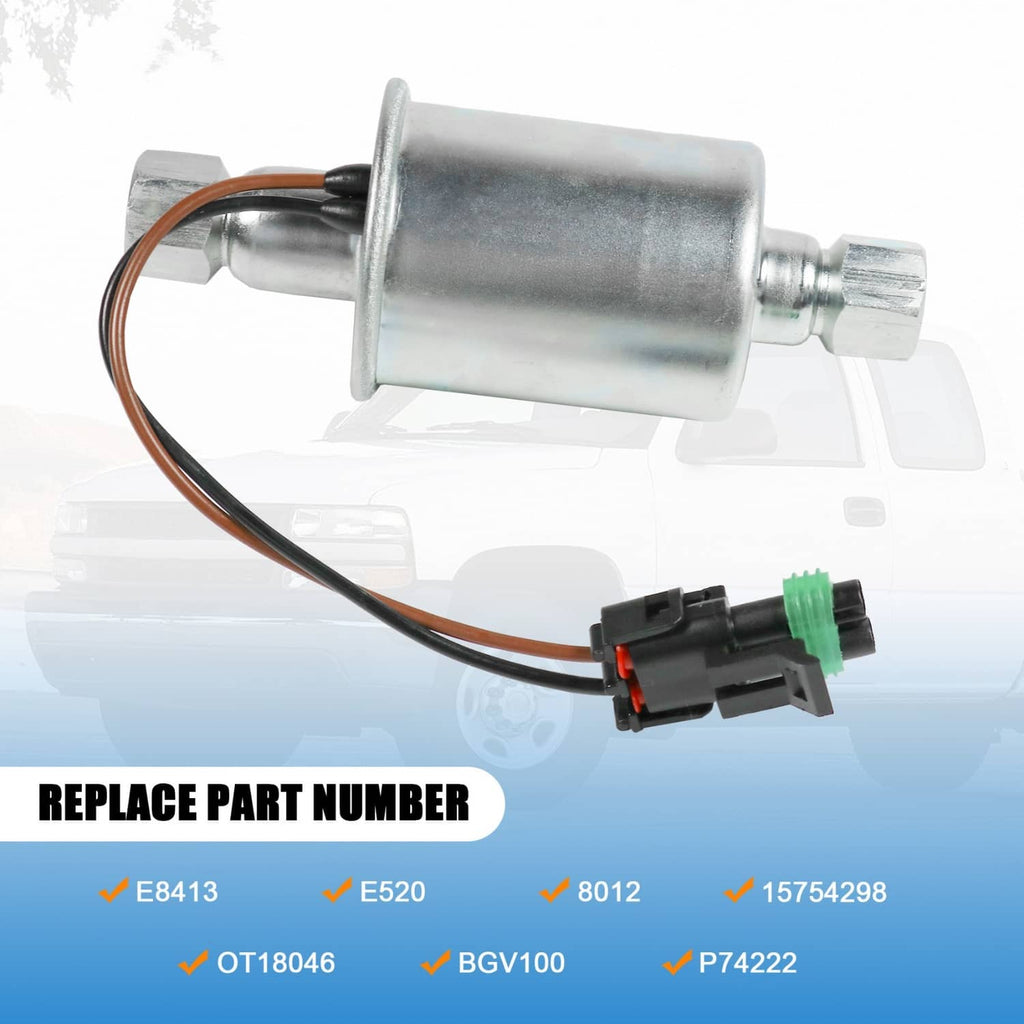 Diesel fuel lift pump with metal cylindrical body and attached brown wiring harness