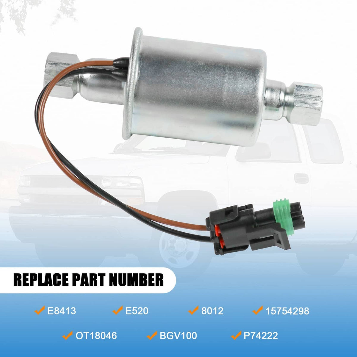 Diesel fuel lift pump with metal cylindrical body and attached brown wiring harness