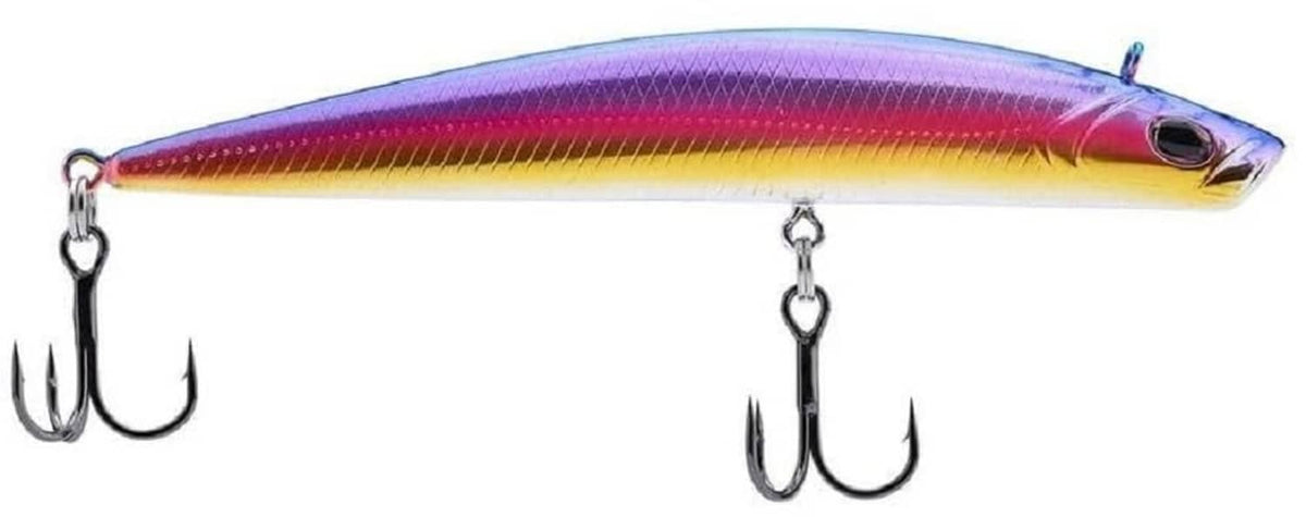 Fishing crankbait lure, purple back and yellow body with red stripe, two treble hooks