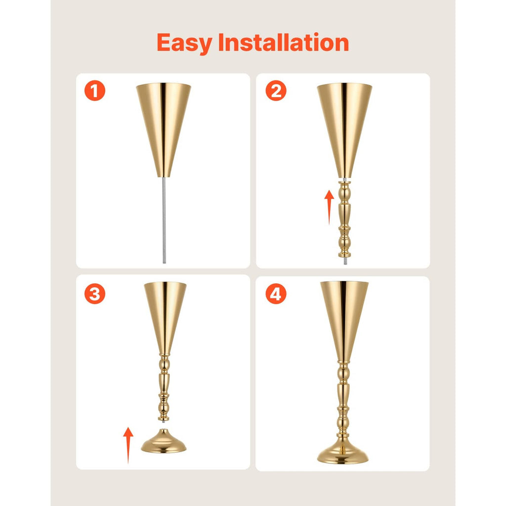 Gold trumpet vase centerpiece showing 4-step assembly: top, stem, and base