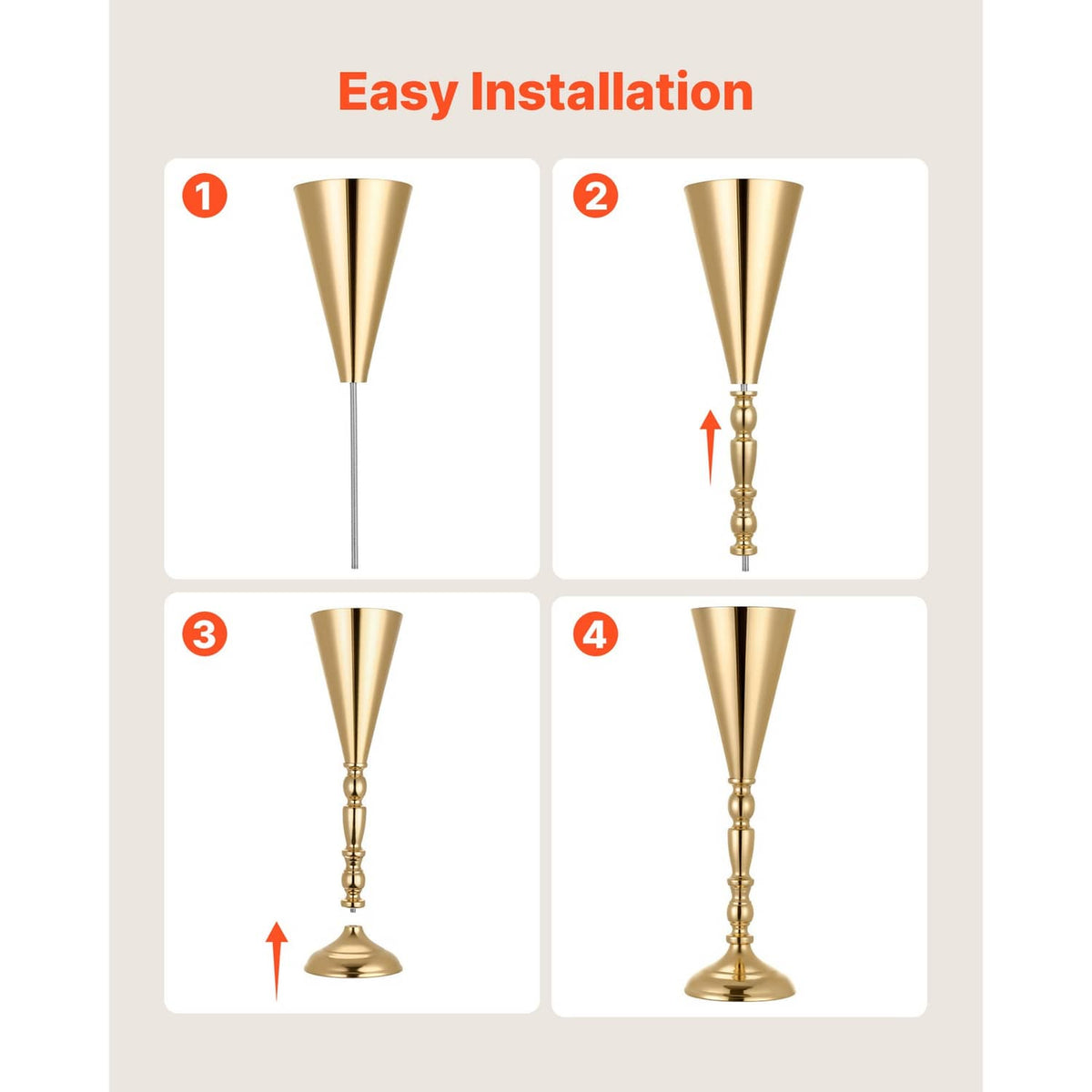Gold trumpet vase centerpiece showing 4-step assembly: top, stem, and base