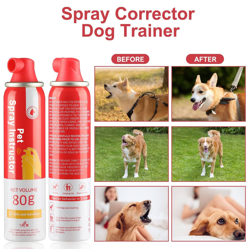 Red-and-white spray corrector dog trainer bottle with before-and-after behavior photo panels.