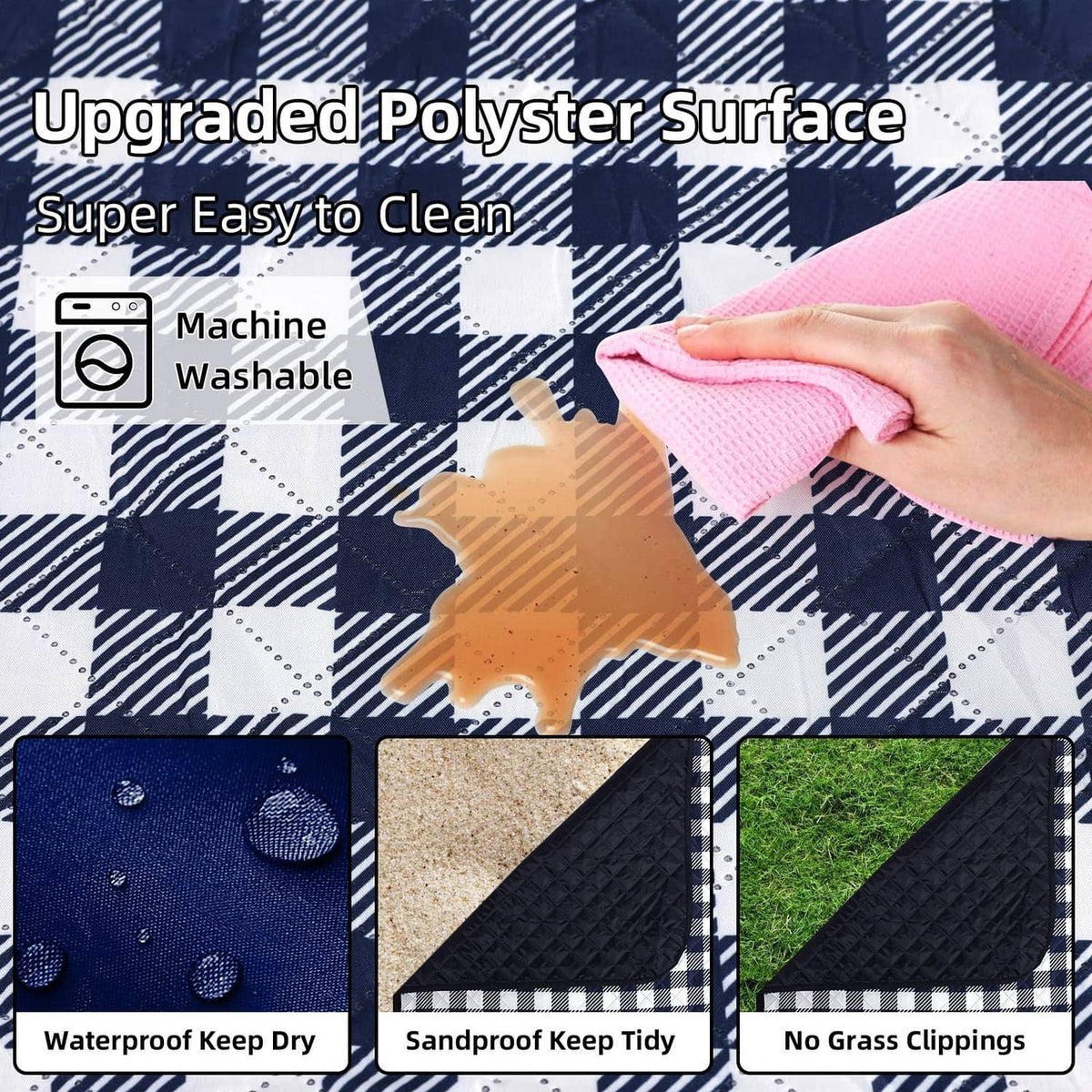 Blue and white gingham blanket with waterproof, easy-clean polyester surface