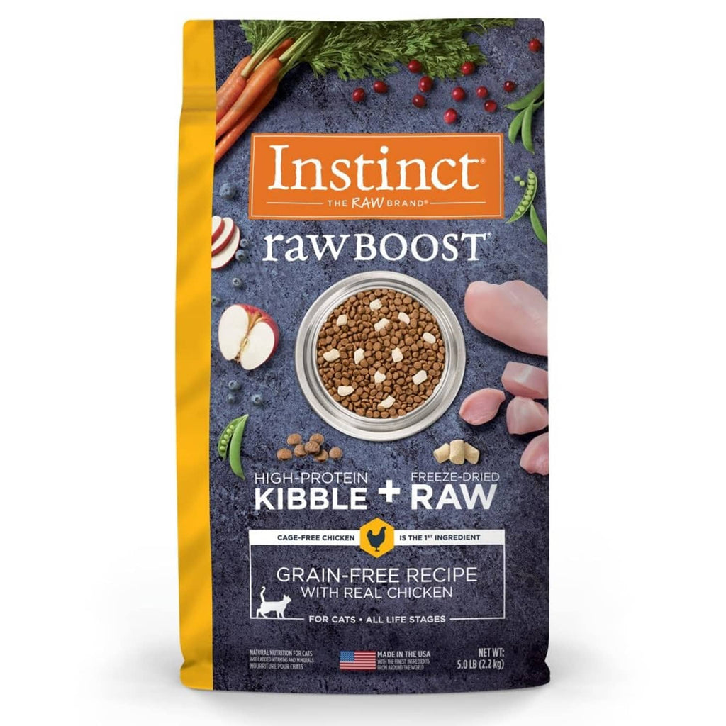 Grain-free dry cat food bag, kibble + freeze-dried raw chicken