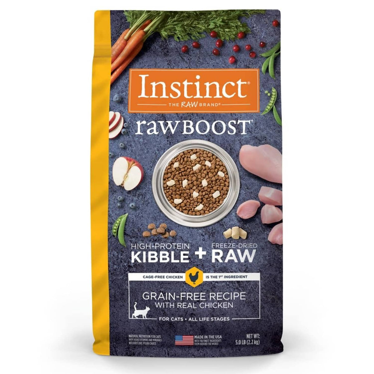 Grain-free dry cat food bag, kibble + freeze-dried raw chicken
