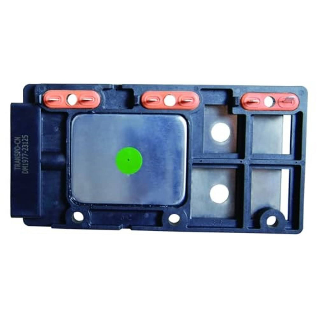 Ignition control module with dark blue housing, red connector tabs, and green center dot
