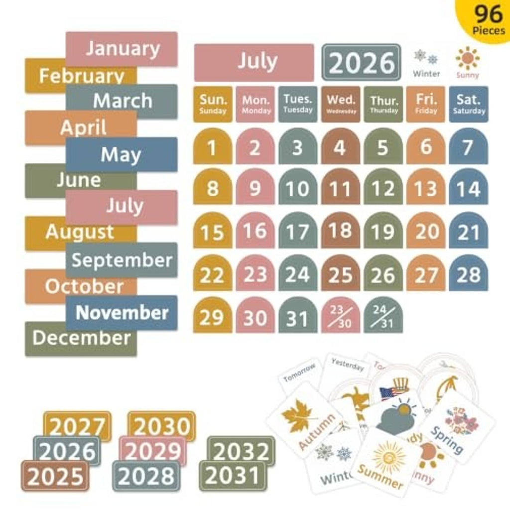 96-piece calendar card set with months and year tiles for boho pocket chart