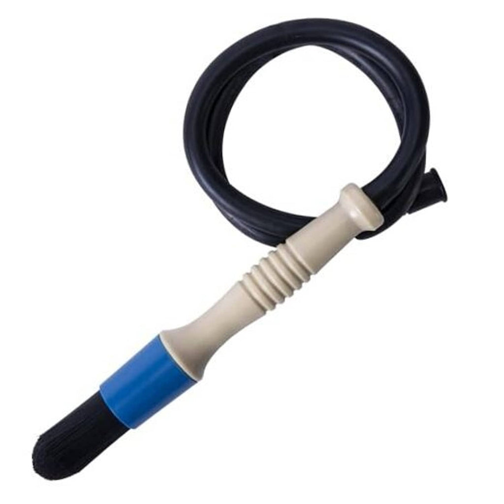Parts washer brush with blue handle, black bristles, and coiled black hose