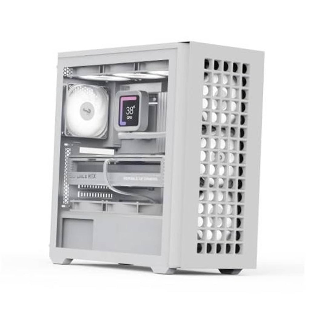 White mid-tower PC case with open side panel and mesh front, showing internal fans and radiator area