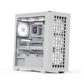White mid-tower PC case with open side panel and mesh front, showing internal fans and radiator area