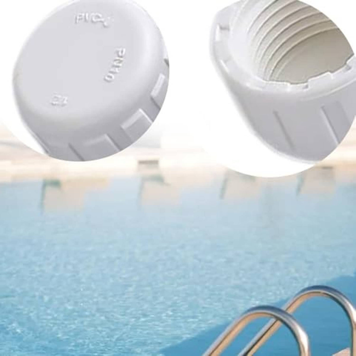 Close-up of white PVC end cap plugs with female threads for pipe ends