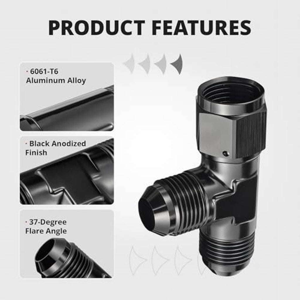 Black aluminum AN tee fitting with swivel top, textured threads, and side flare port