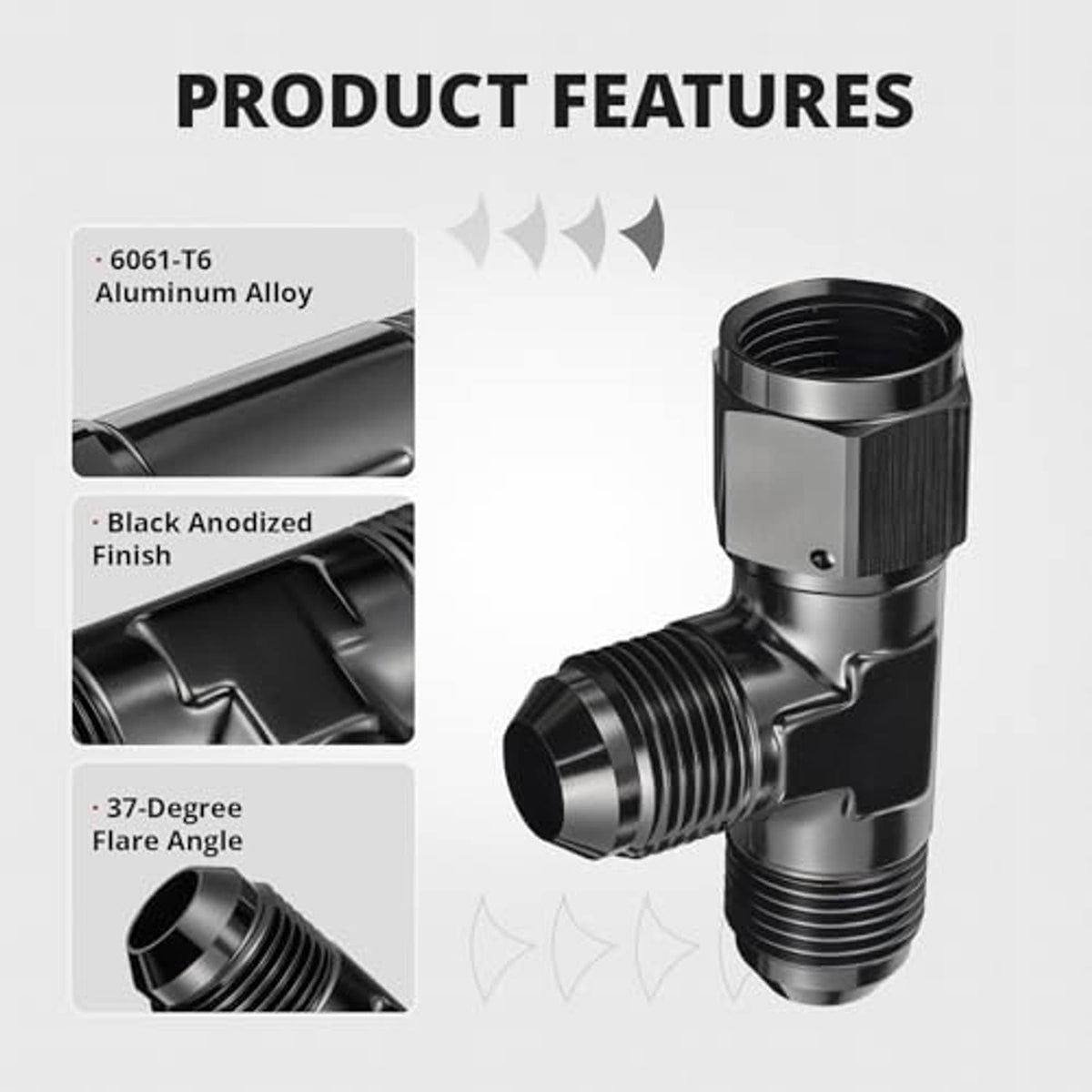 Black aluminum AN tee fitting with swivel top, textured threads, and side flare port