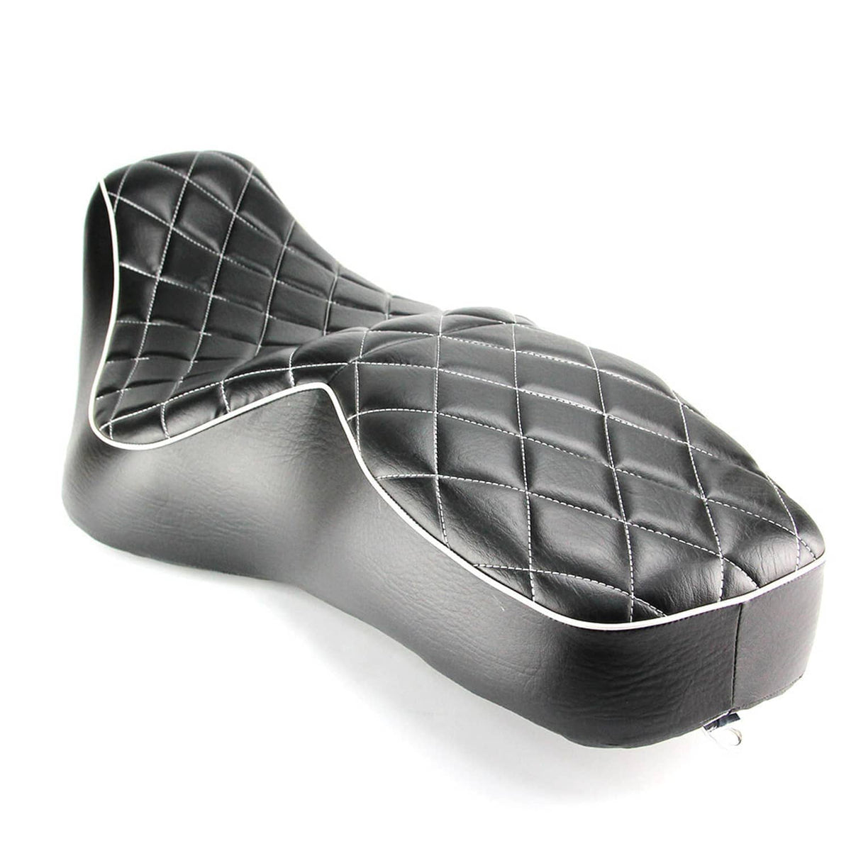 Black motorcycle two-up seat with diamond stitching and white-trim piping along edges