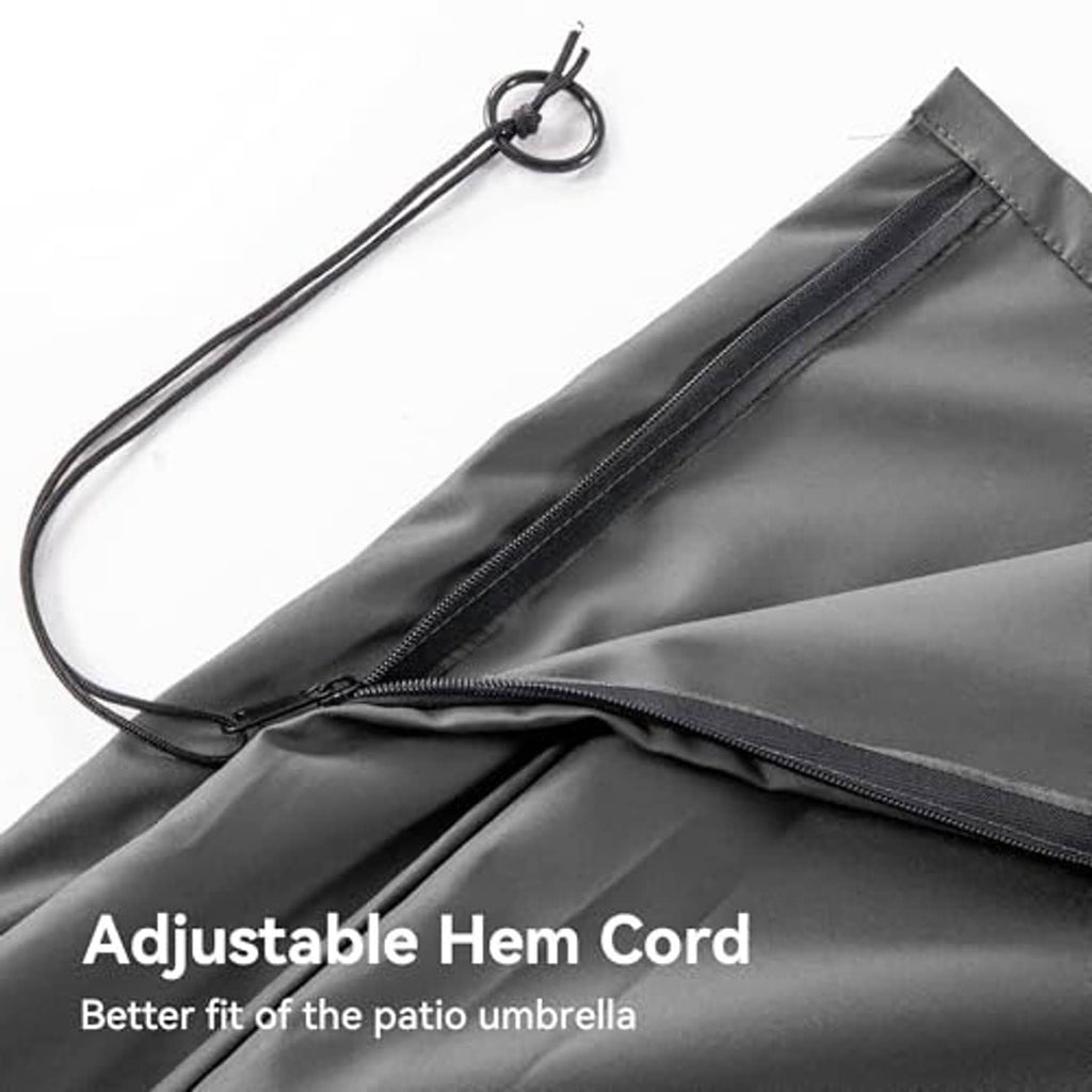 Grey umbrella cover with adjustable hem cord and stitched zipper edge