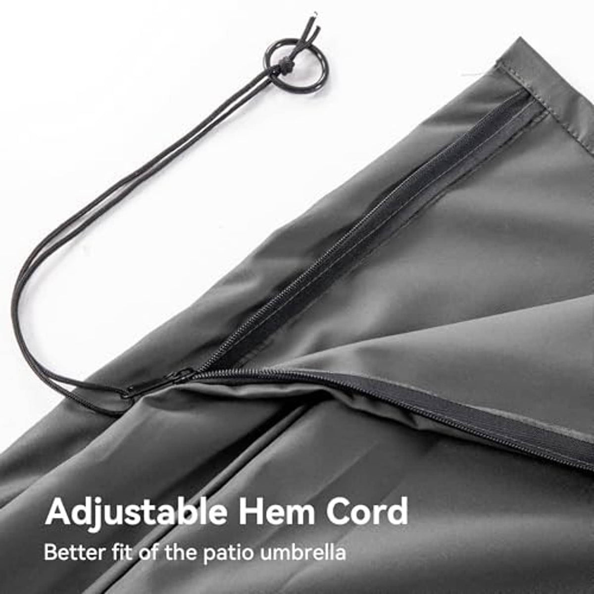 Grey umbrella cover with adjustable hem cord and stitched zipper edge