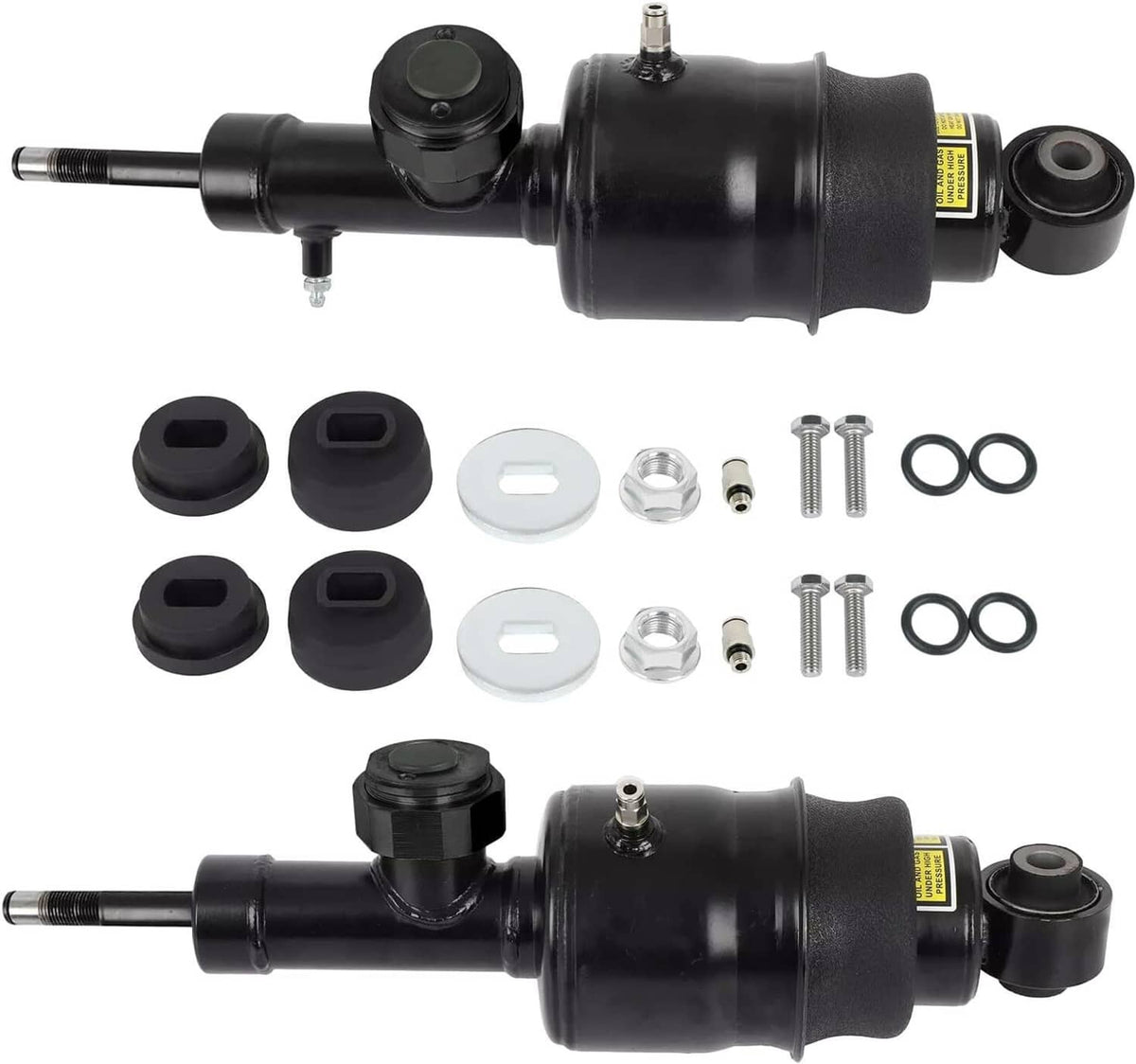 Pair of black rear hydraulic air suspension shock struts with mounting parts