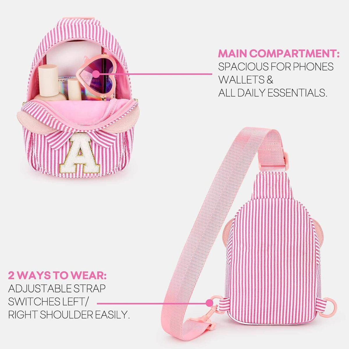 Pink striped sling bag with bow and letter A, showing open top