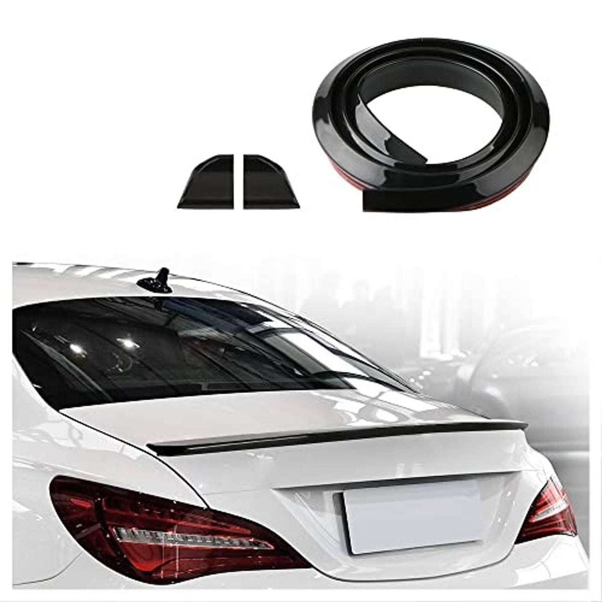 Glossy black 3D trunk spoiler lip installed on car trunk with included tabs