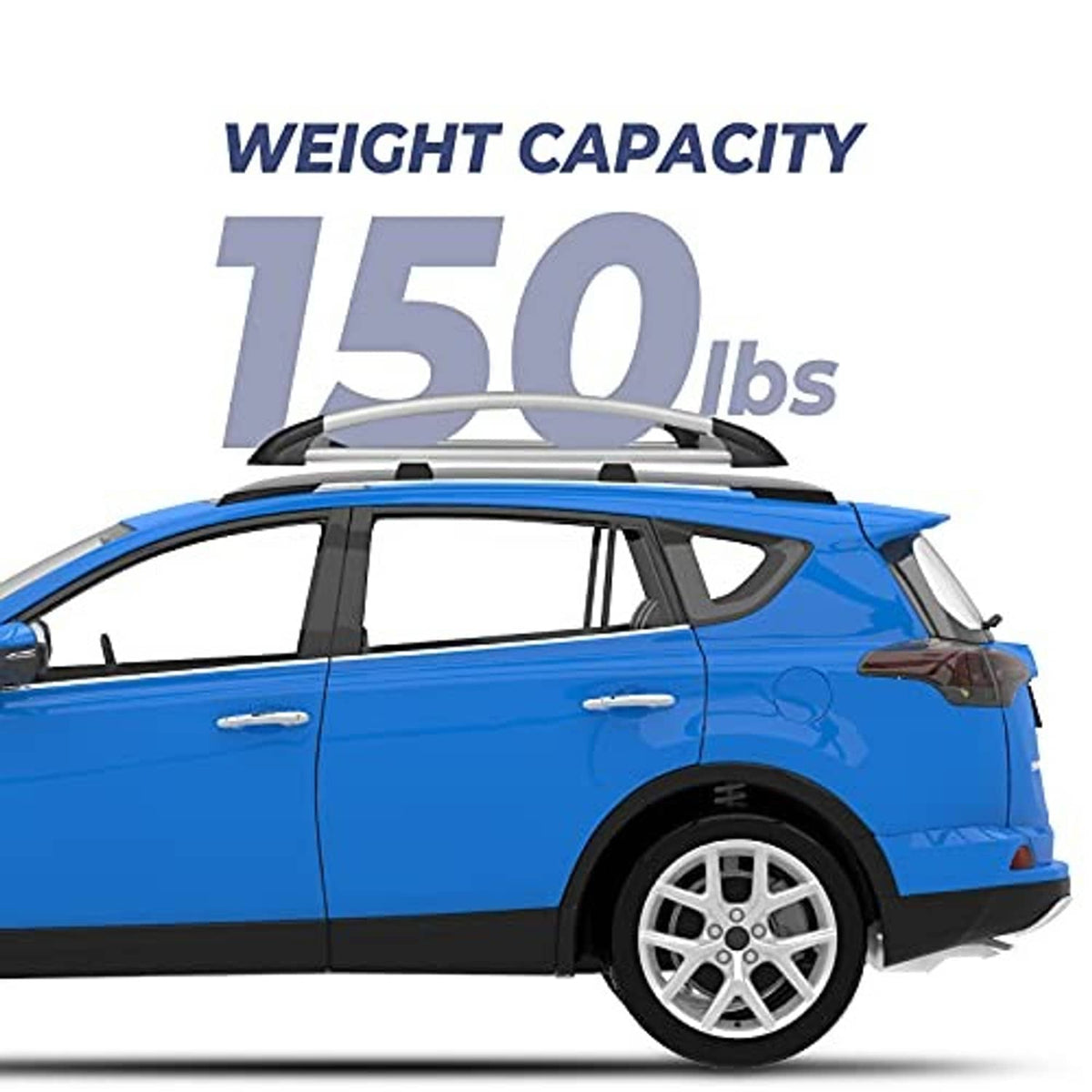 Aluminum rooftop cargo basket on a car roof, shown as 150-lb weight capacity