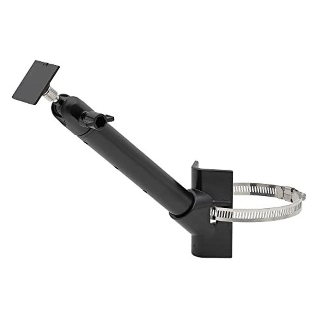 Black universal solar panel mount with adjustable clamp band and flat mounting plate