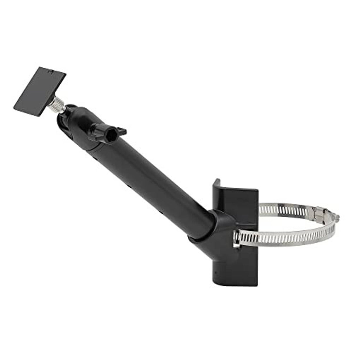 Black universal solar panel mount with adjustable clamp band and flat mounting plate