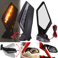 Black UTV rearview mirrors with amber LED light strips, mounted pair with wiring