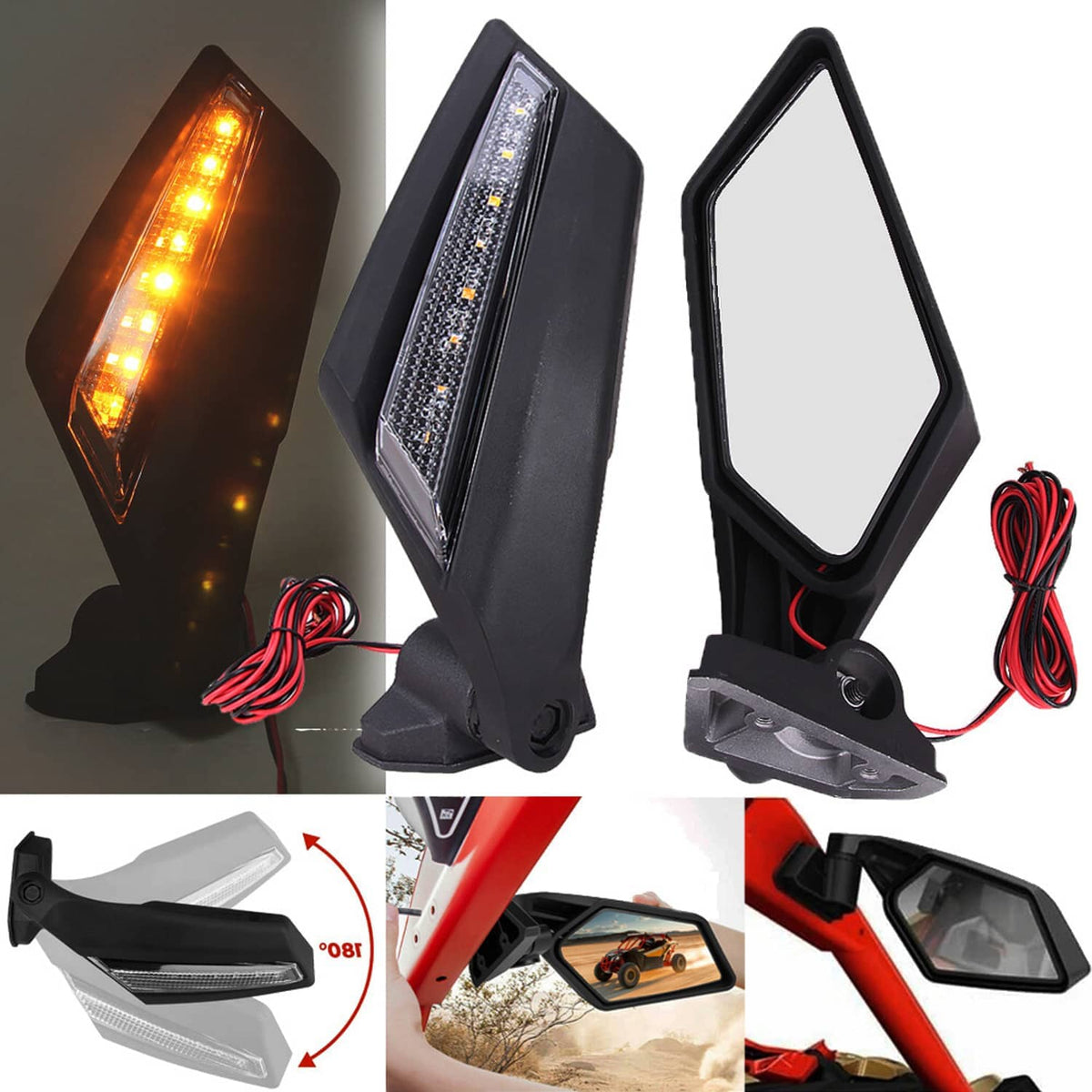 Black UTV rearview mirrors with amber LED light strips, mounted pair with wiring