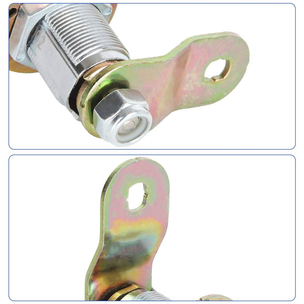 Close-up of keyed-alike cam lock with hex nut and mounting plate, chrome cylinder