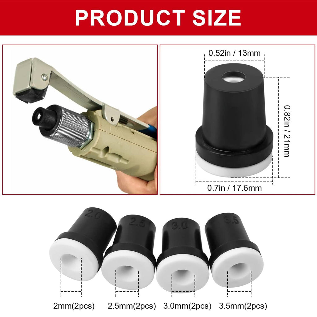 Sandblaster nozzle tip set with size markings 2mm, 2.5mm, 3.0mm, 3.5mm and dimensions