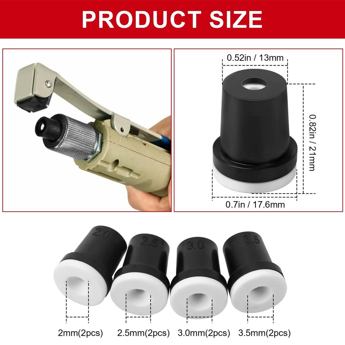 Sandblaster nozzle tip set with size markings 2mm, 2.5mm, 3.0mm, 3.5mm and dimensions