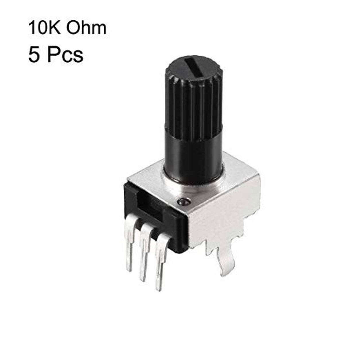 Rotary potentiometer with black knob, silver body, and multiple mounting pins