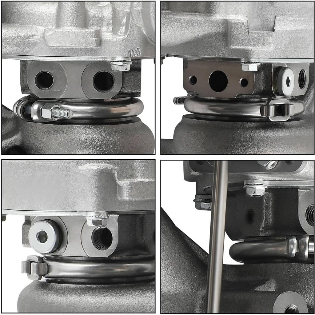 Turbocharger housing close-up showing mounting brackets and hose fitting