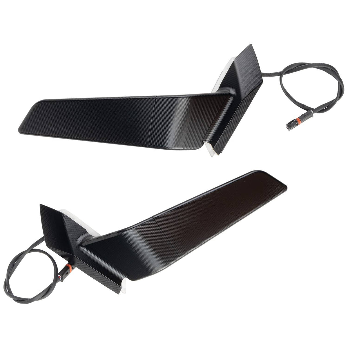 Motorcycle side mirror set with wind deflectors, cables, and blue-tinted lenses