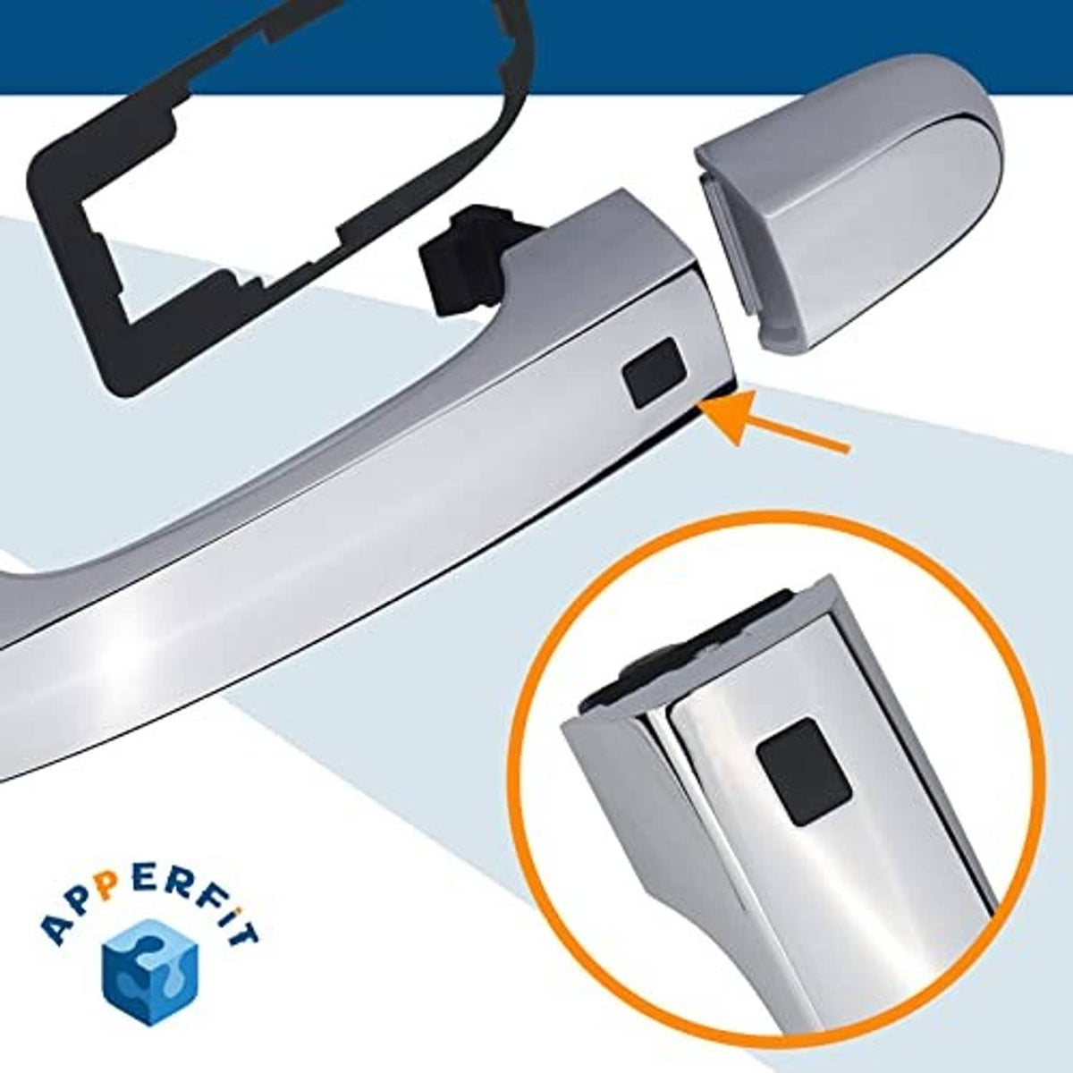 Silver exterior door handle with smart-key button and internal connector detail