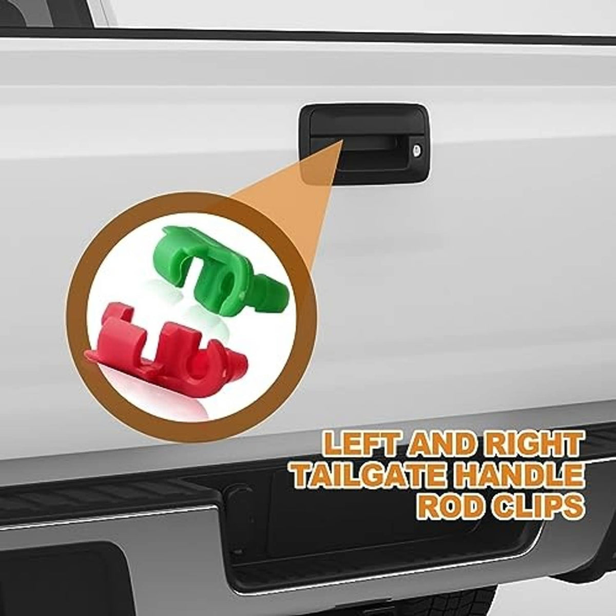 Left and right tailgate handle rod clips, green and red installed on pickup