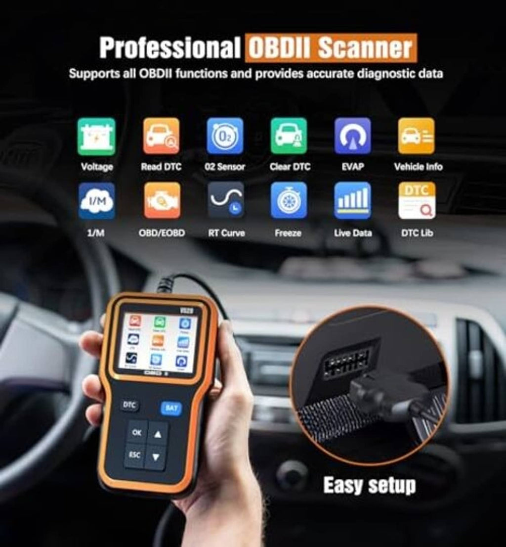 Orange OBD2 scanner held in hand, with lit screen and control buttons