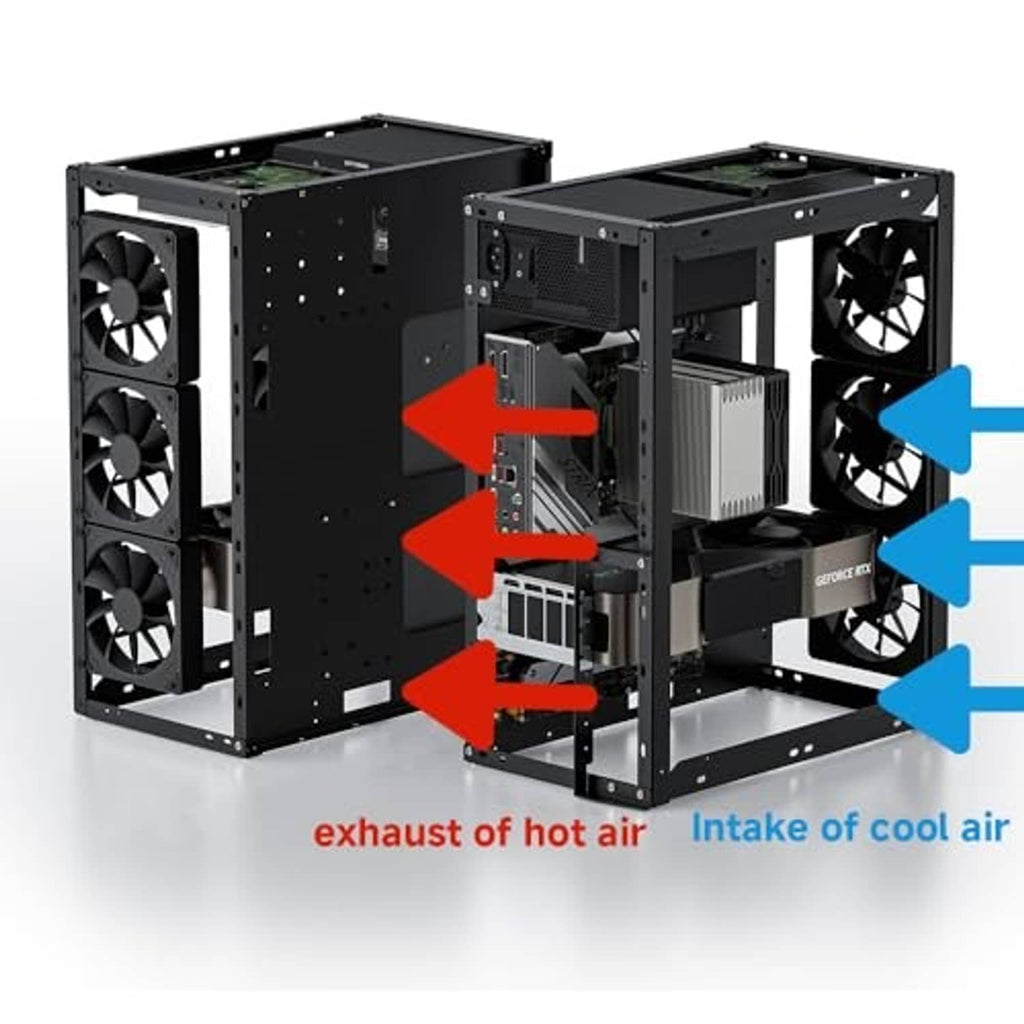 Open air computer chassis frame with three front cooling fan cutouts