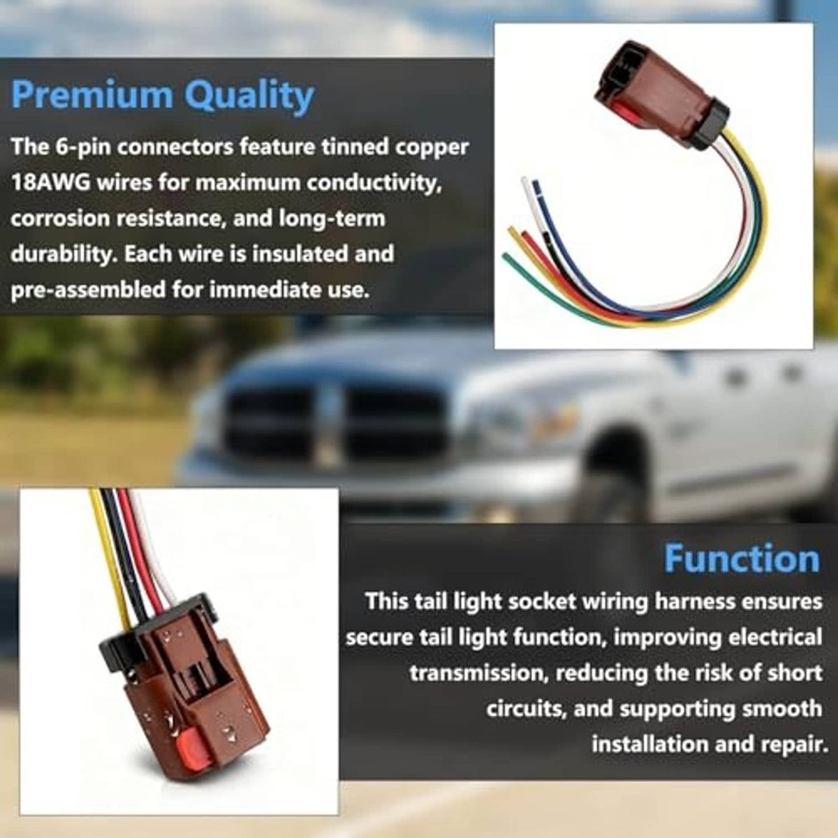 Tail light wiring pigtail harness with brown 6-pin connectors and pre-attached multicolor wires