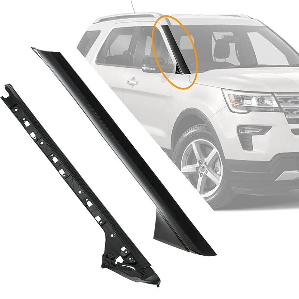 Right-side A-pillar molding trim set, black, with mounting rail and clips