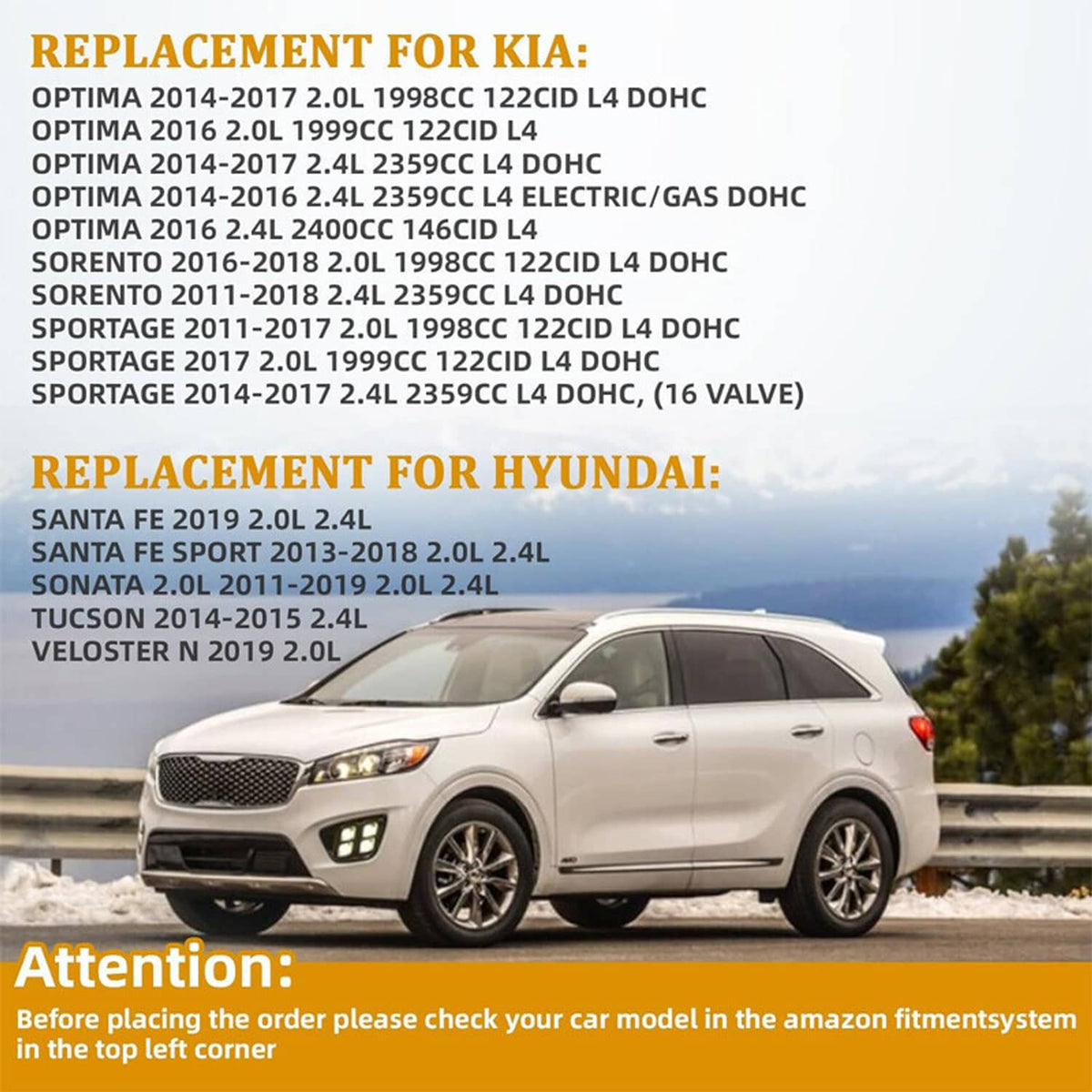 Vehicle fitment graphic with list of compatible Kia and Hyundai models