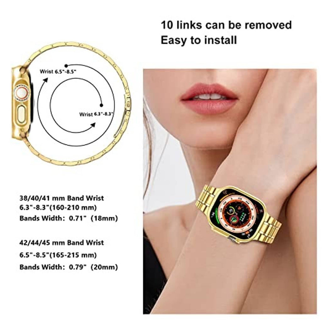 Gold stainless steel watch band with adjustable pin layout and fit size markings