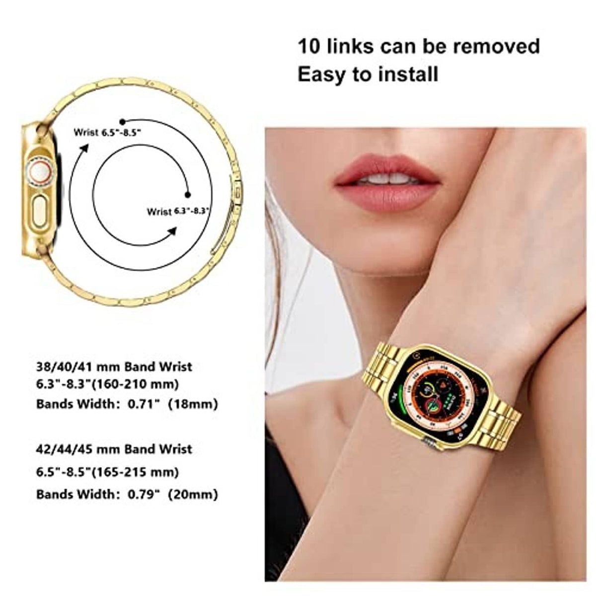 Gold stainless steel watch band with adjustable pin layout and fit size markings
