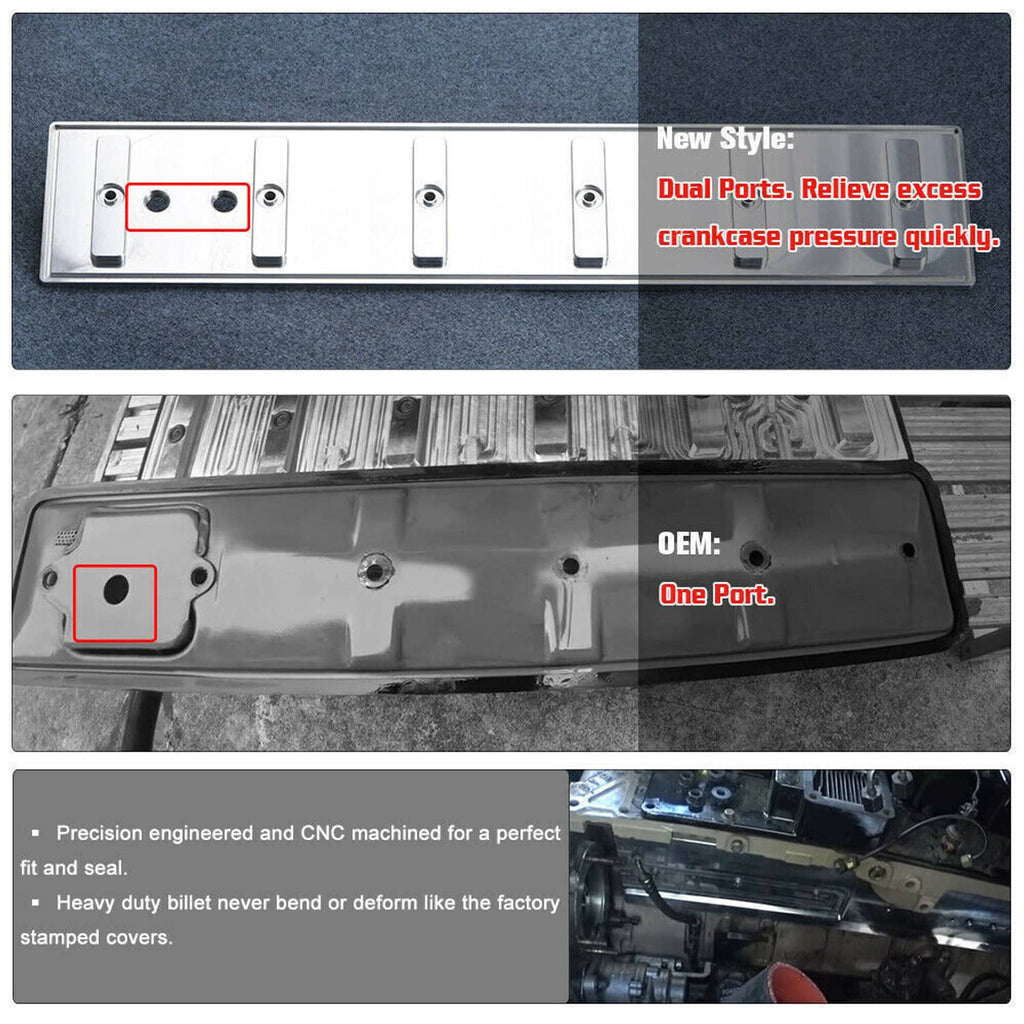 Billet tappet cover, silver engine valve cover with port openings and mounting points
