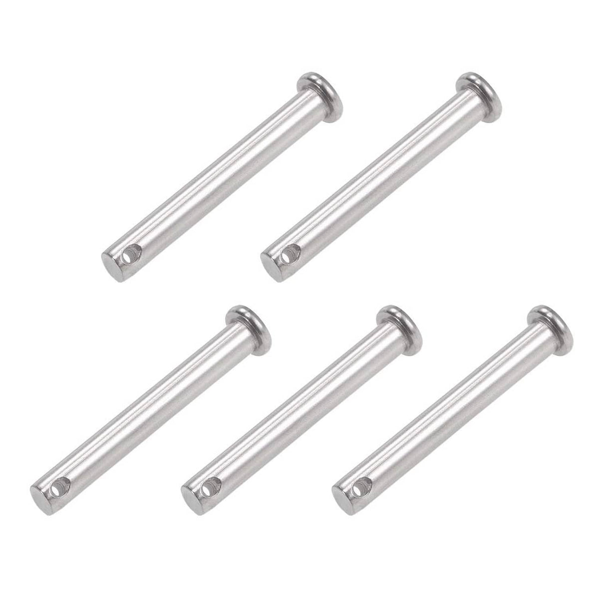 Silver clevis pins with single hole, flat head, 304 stainless steel (5-pack view)
