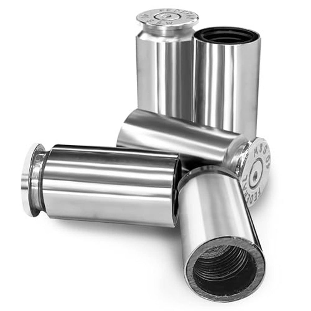 Nickel bullet-shaped tire valve stem caps with black plastic inserts, set