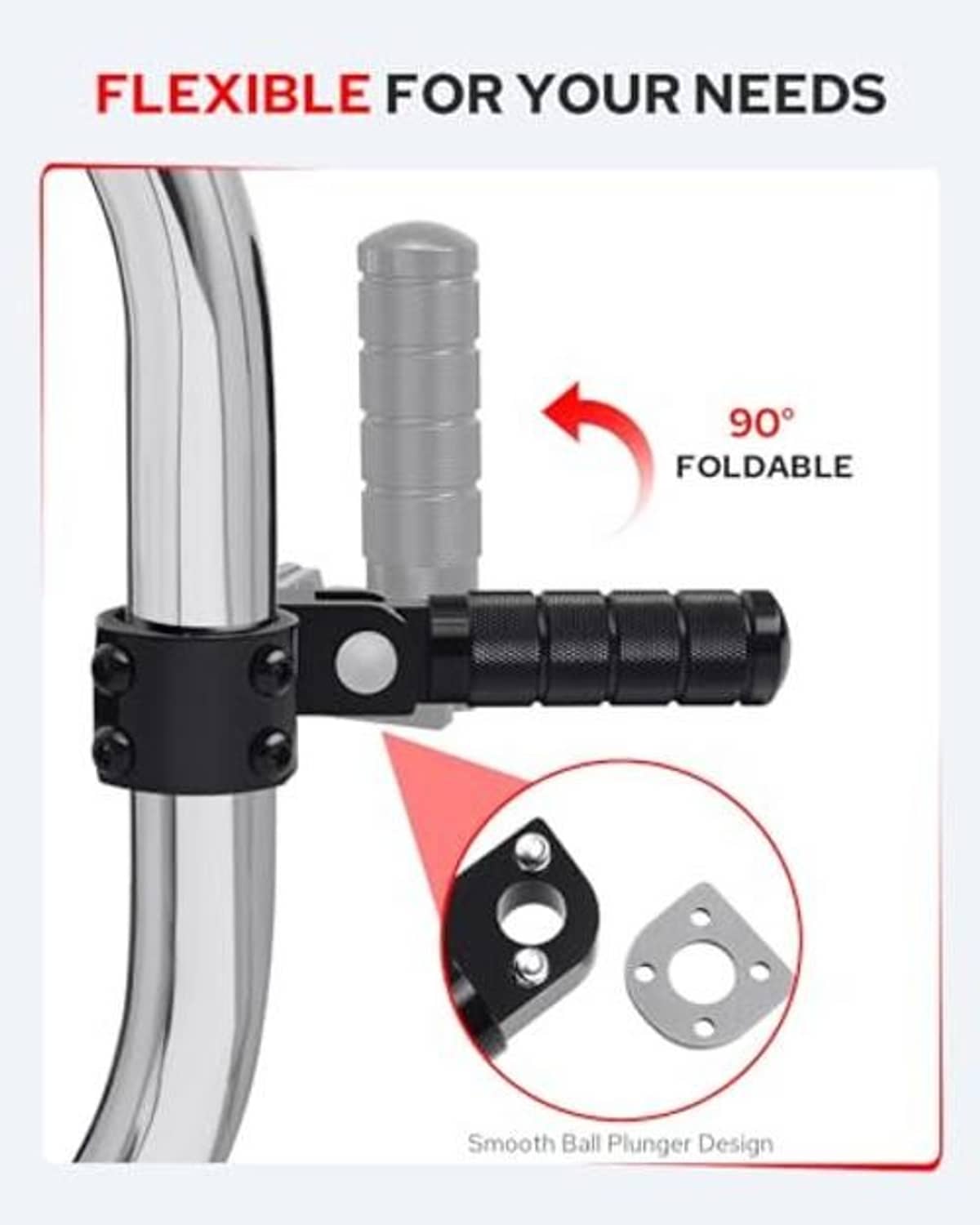 Black foldable motorcycle footpeg with pivoting design on a tubular bar